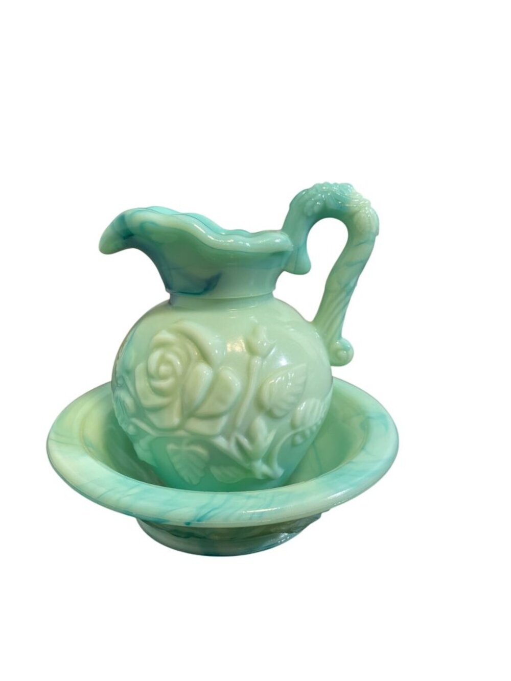 Vintage Avon Victoriana Jadeite Green Slag Glass Rose Pitcher and Basin Set